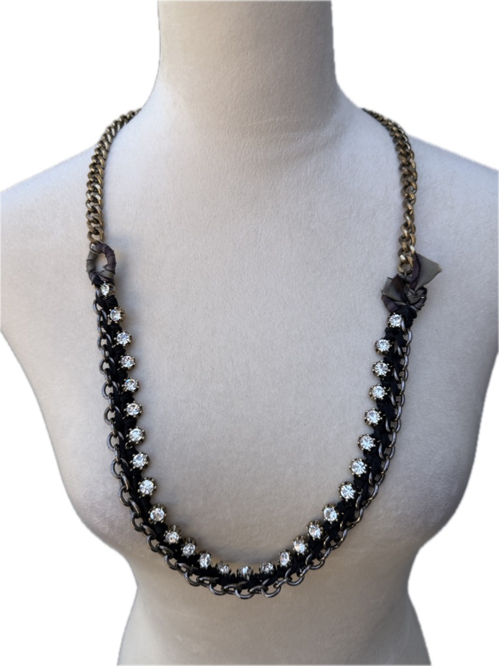 J. CREW Black Gold Chain Vtg Necklace Embellished w/ Woven Ribbon  & Rhinestones
